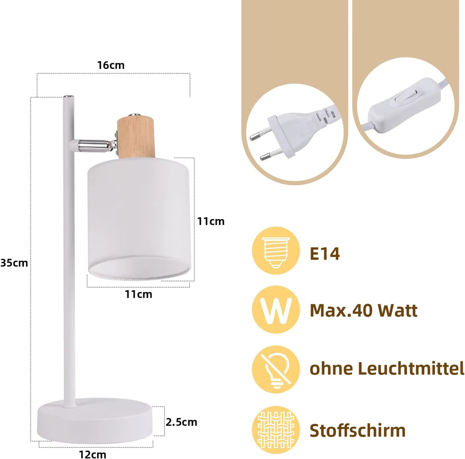 Vintage Tischlampe aus Holz mit weißem Stoffschirm, drehbare E14 Nachttischleuchte im Retro-Design für Wohnzimmer und Schlafzimmer - Bild 5