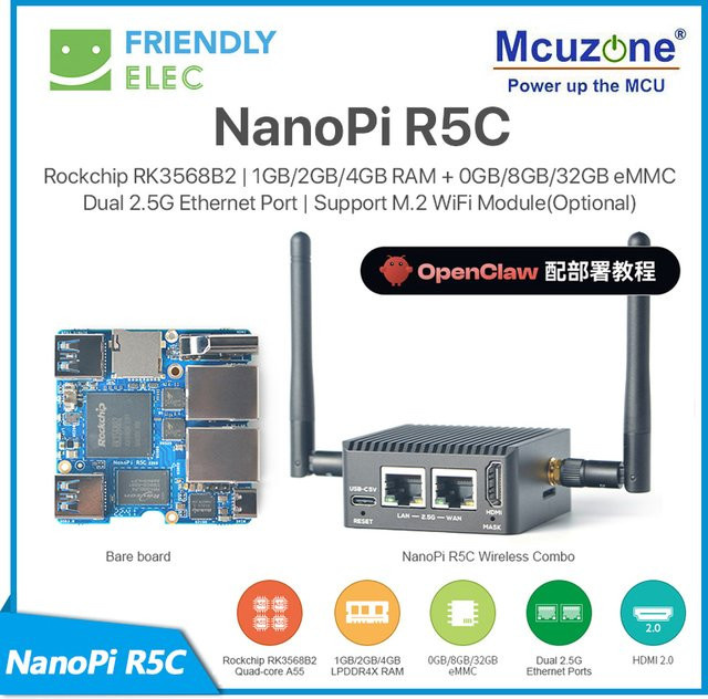 NanoPi R5C Single Board Computer mit Rockchip RK3568B2, 2,5G Ethernet-Anschluss und Unterstützung für M.2 NVMe sowie WiFi-Module - Bild 1