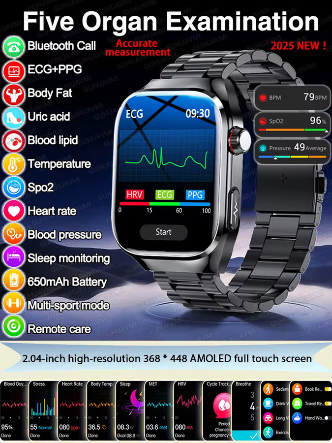GUHUAVMI EKG Smartwatch in Schwarz mit Gesundheitsdiagnose, Blutdruck-, Blutsauerstoff- und Temperaturüberwachung sowie Bluetooth-Anrufen und Wasserdichtigkeit - Bild 7