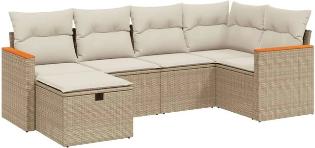 vidaXL 6-teilige Garten-Sofagarnitur in L-Form aus Poly-Rattan mit Kissen in Beige-Creme - Bild 1