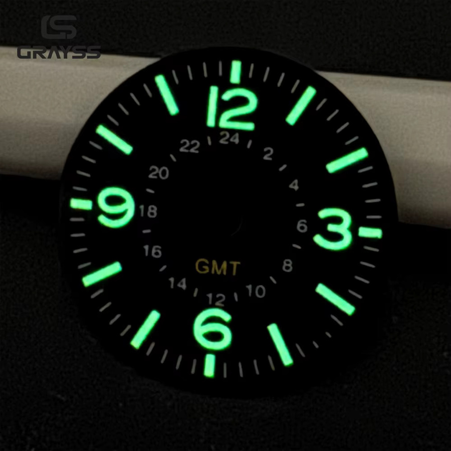 GRAYSS Uhrenzubehör Pilotenuhr-Zifferblatt, Römische Ziffern, Grüne Leuchtmasse, NH34 Uhrwerk GMT, 28,5mm/33,5mm - Bild 2