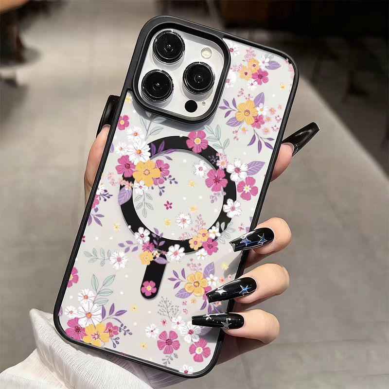 MagSafe iPhone Handyhülle mit Blumenmuster für iPhone 11 bis 17 Pro Max Plus Air 16E in Schwarz und Mehrfarbig - Bild 1