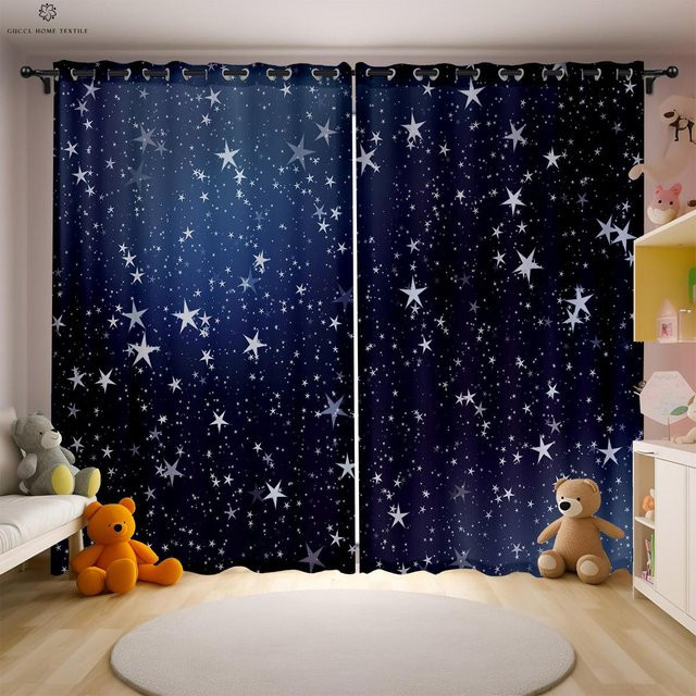Kinderzimmer Vorhänge mit Sterne, Mond und Wolken Aufdruck in Blau, 2er-Set aus Polyester, Breite: 50 cm, Höhe: 130 cm - Bild 1