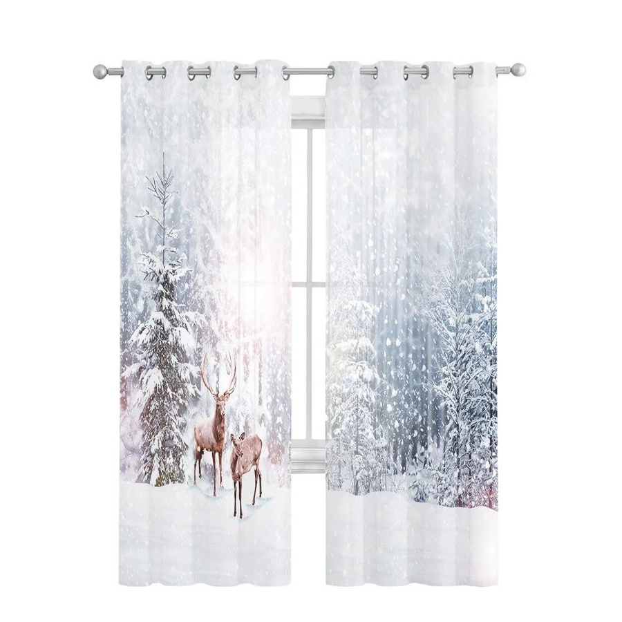 Yiran Furniture Transparentes Voile Organza Tüll Vorhang mit Winter-Weihnachtsbaum- und Hirsch-Motiv in Weiß, Breite: 135 cm, Höhe: 115 cm - Bild 1
