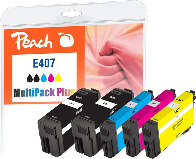Peach E407 Druckerpatronen Set für Epson No. 407, 5er Pack, wiederaufbereitet, Multicolor (2x Schwarz, Cyan, Magenta, Gelb) für Epson WorkForce Pro WF-4745 DTWF - Bild 1