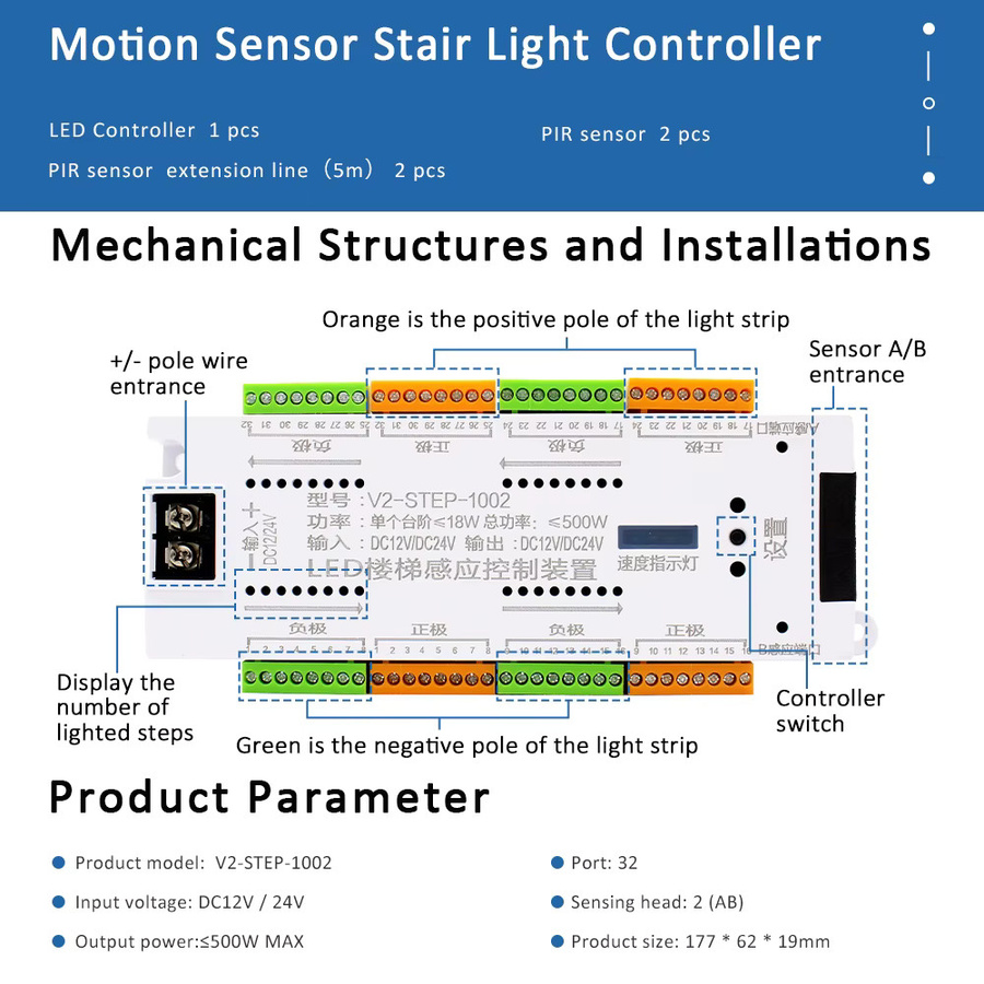 MJJC Treppenlicht-Controller mit PIR-Bewegungsmelder für 12 V LED-Streifen, warmweiß, 32 Stufen - Bild 2