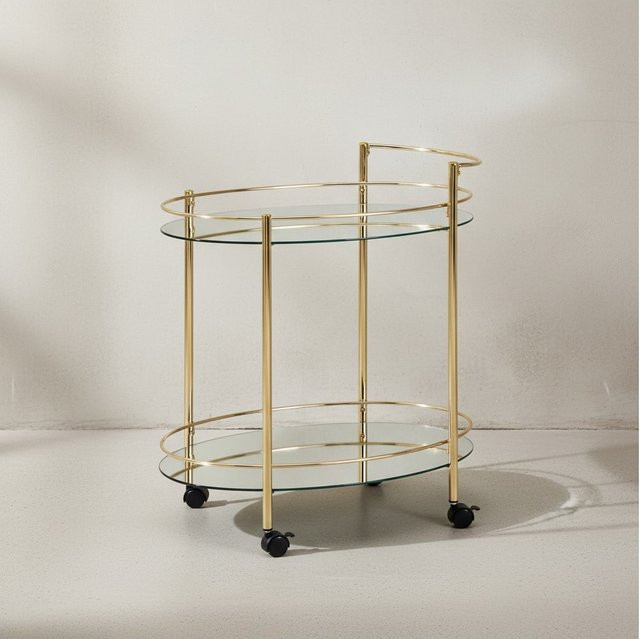 KADIMA DESIGN Servierwagen in Gold mit 2 Glasplatten und Rollen im Retro-Design - Bild 1