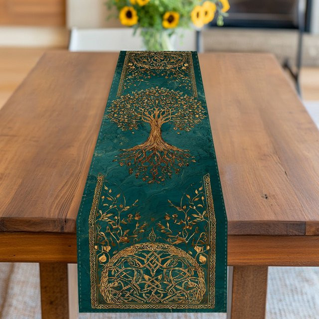 VIKAMA Tischläufer Goldener keltischer Baum des Lebens mit floralem Ethnic-Design, Breite: 33 cm, Länge: 90 cm - Bild 1