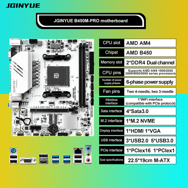 JGINYUE B450M-PRO AM4 Micro-ATX Motherboard mit DDR4 Dual-Channel-Speicher und ARGB Unterstützung für AMD Ryzen Prozessoren - Bild 1