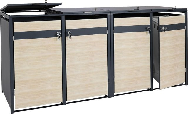 MCW 4er Mülltonnenverkleidung J82 Mülltonnenbox aus Metall in Anthrazit mit Buche-Holzoptik Hellbraun, B/T/H: 264 x 117 x 80 cm - Bild 1