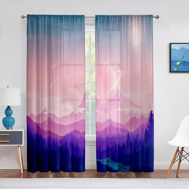 Super Six Transparenter Voile-Vorhang mit abstraktem Berg-Design in Lila und Multicolour, Chiffon-Tüllvorhang mit Ösen, Breite: 100 cm, Höhe: 250 cm - Bild 1