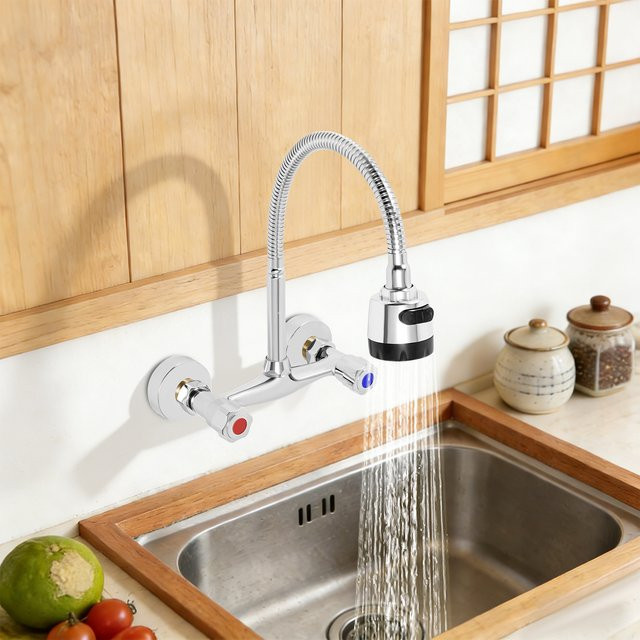 Aohuada Wandmontierter Wasserhahn in Chrom, Warm- und Kaltwasserhahn mit 360-Grad-Drehfunktion und ausziehbarer Brause für Küche und Badezimmer - Bild 1