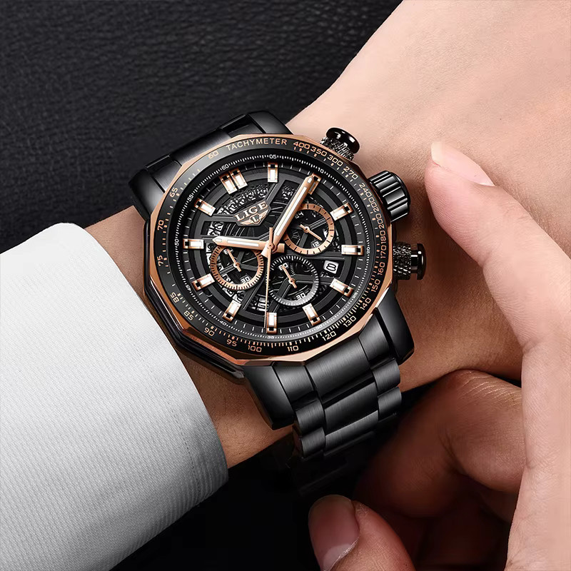LIGE Armbanduhr Edelstahl, Quarz, Schwarz, Silber, Herren - Bild 2