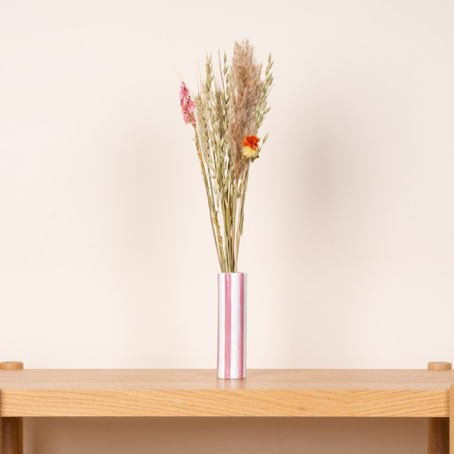 Keramik Röhrenvase von BLUME2000 in Weiß/Flieder mit Streifen im Retro-Look, Höhe: 16,0 cm, Breite: 4,5 cm, Tiefe: 4,5 cm - Bild 1
