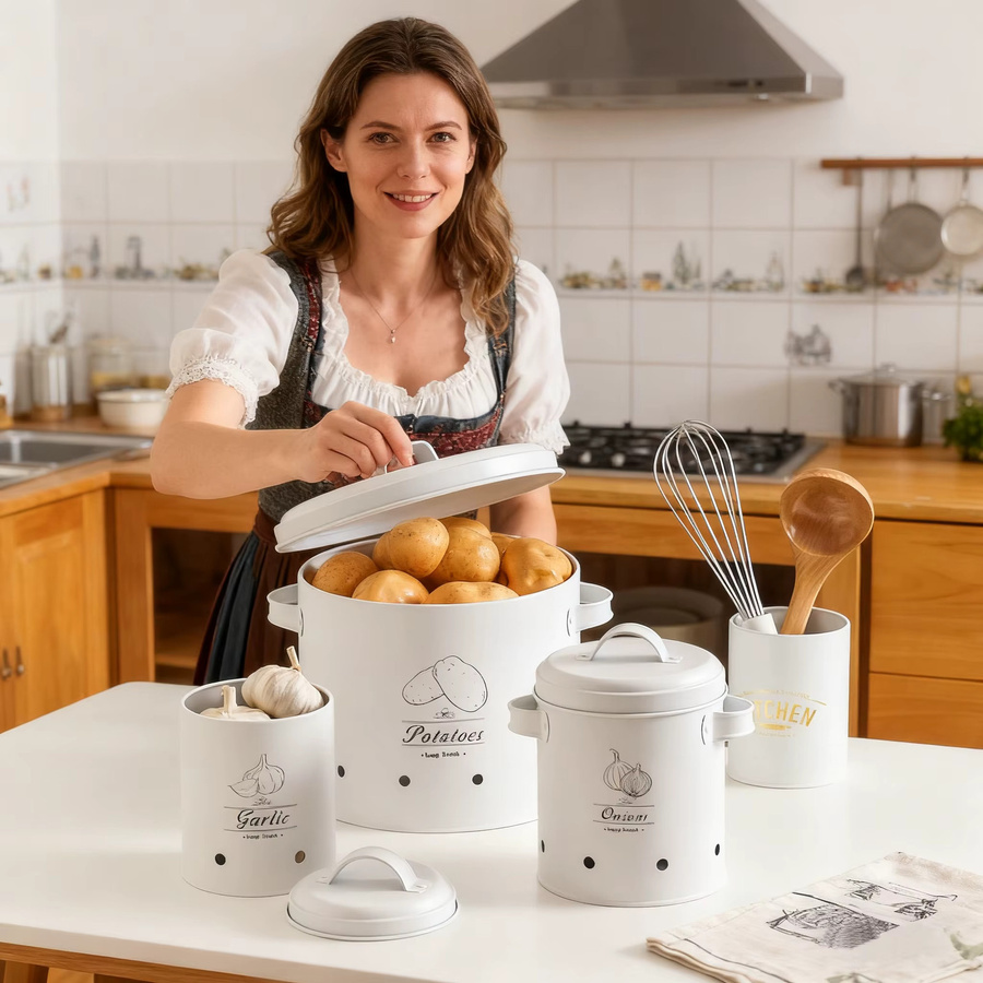 SAEIV 3-teiliges Gemüseaufbewahrungsset aus Metall in Weiß für Kartoffeln, Zwiebeln und Knoblauch zur Küchenorganisation - Bild 1