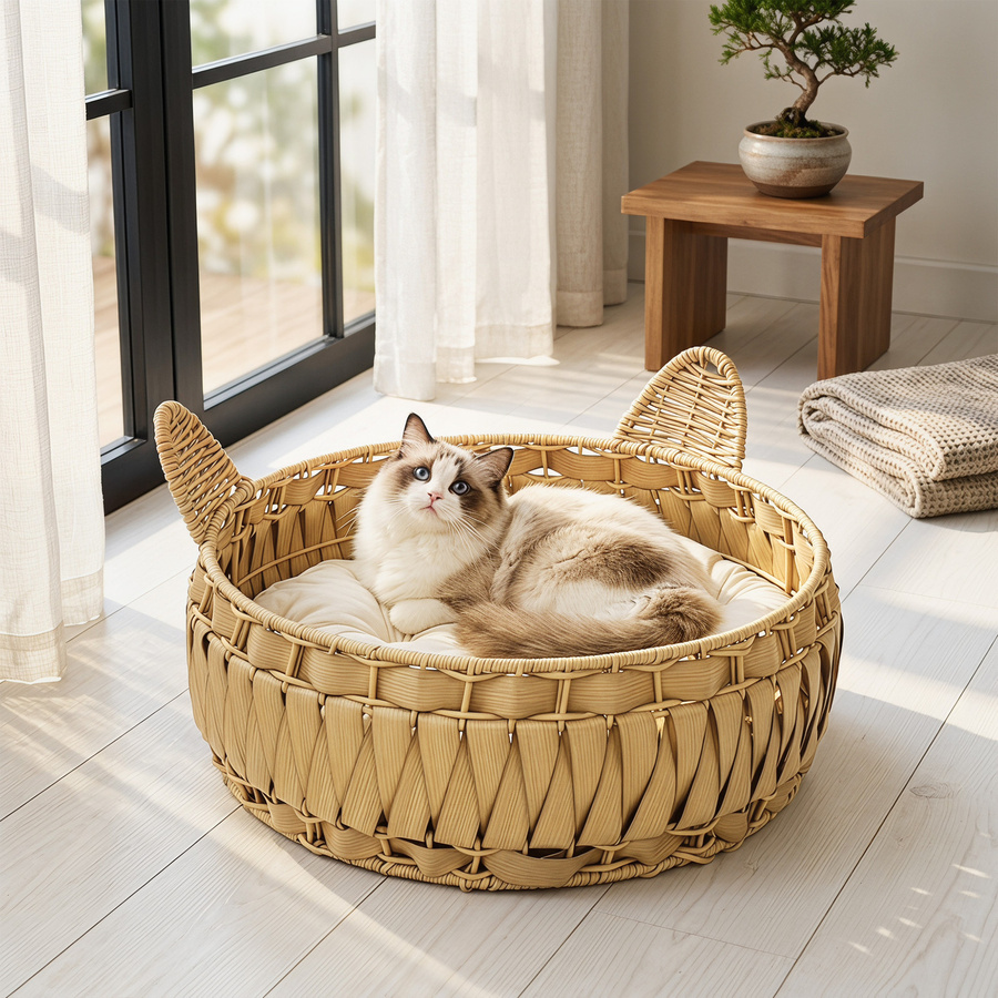 PawHut Katzenhöhle aus Rattan mit abnehmbarem Kissen, Katzenbett in Hellbraun, B/T/H: 50 x 50 x 25 cm - Bild 2