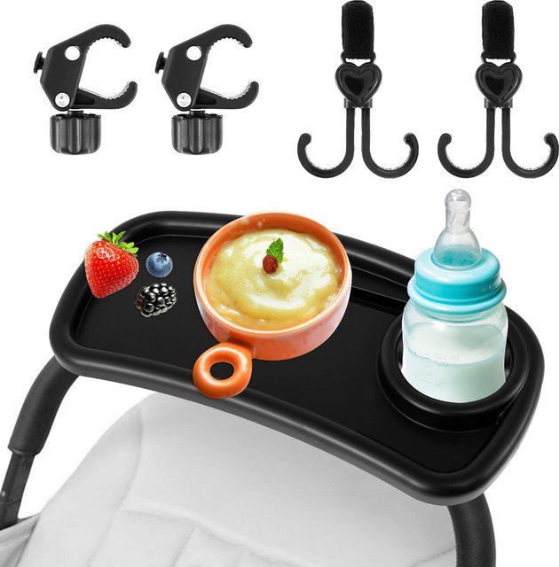 Universelles Kinderwagen-Snack-Tablett mit Getränkehalter und abnehmbarer Schnalle, Schwarz - Bild 1