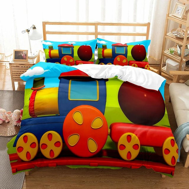 Bettwäsche-Set mit Cartoon-Zug und Fahrzeug-Motiv aus Polyester, Mehrfarbig, B/H: 135 x 200 cm - Bild 1