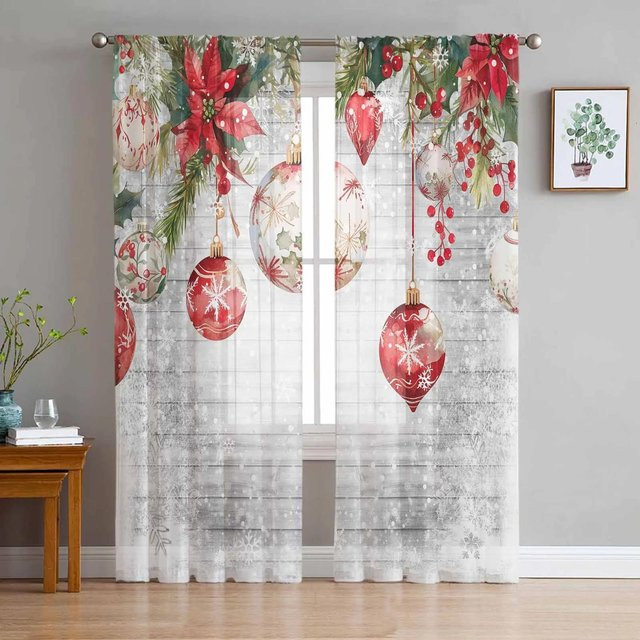 Transparente Weihnachtsvorhänge mit Poinsettia-Blumenmuster in Weiß, Tüll-Voile-Gardinen für Wohnzimmer und Küche, Breite: 135 cm, Höhe: 115 cm - Bild 1