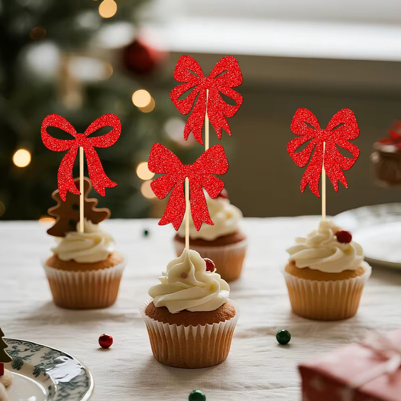 YOMDID 24 Stück Cupcake-Topper mit roten Schleifen als Weihnachts-Kuchendekoration und Partyzubehör - Bild 3