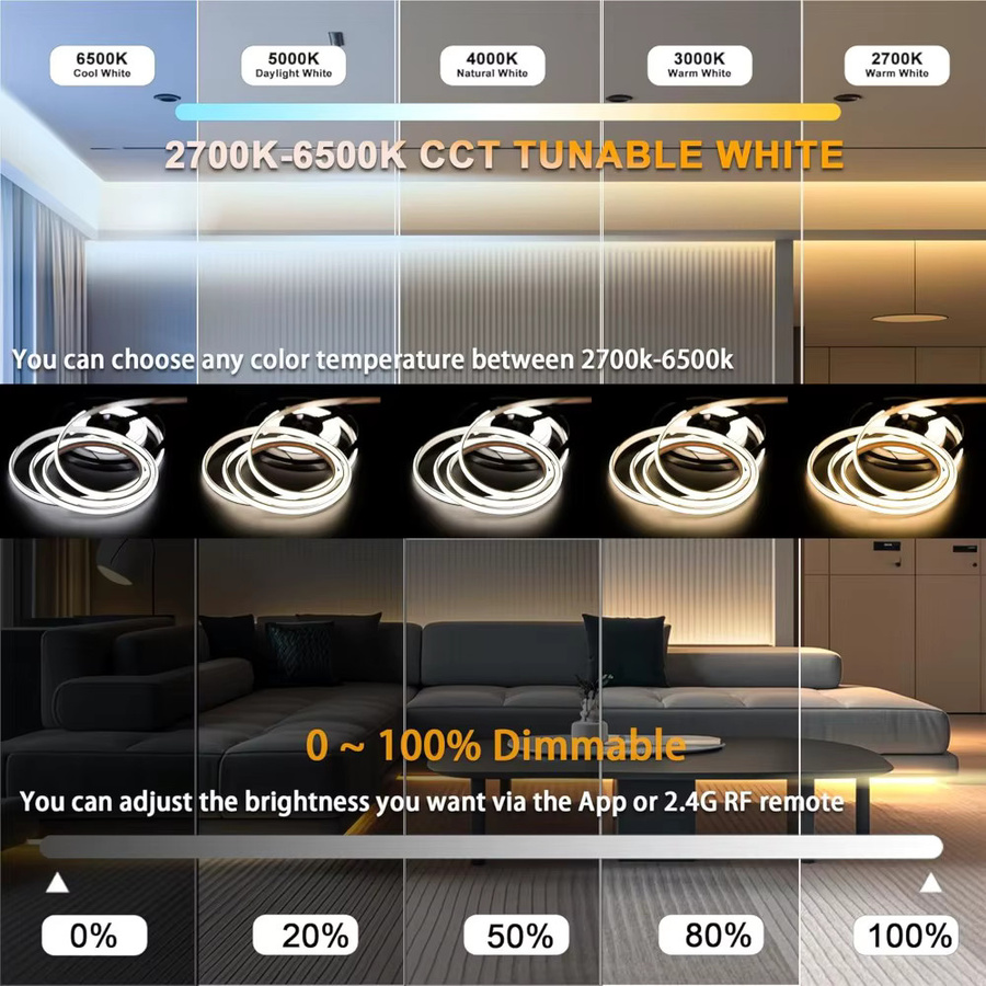 Tuya WiFi CCT COB LED Streifen 24V, dimmbar, 2700K-6500K, Smart Linear Lichtband in Weiß - Bild 2