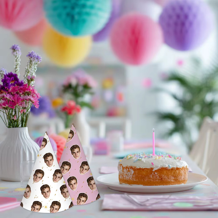 6 Stück personalisierte Gesichts-Geburtstagshüte von joy-enlife, mehrfarbige Partyhüte aus Fotopapier für Geburtstag und Hochzeit - Bild 2