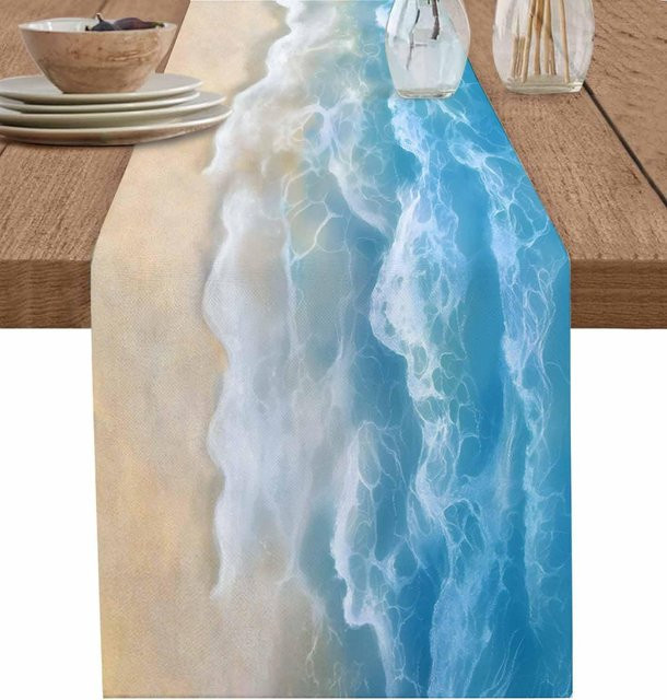 JINGYUE Pet Tischläufer aus Leinen mit Ozeanwelle-Design in Blau, B/L: 150 x 33 cm - Bild 1