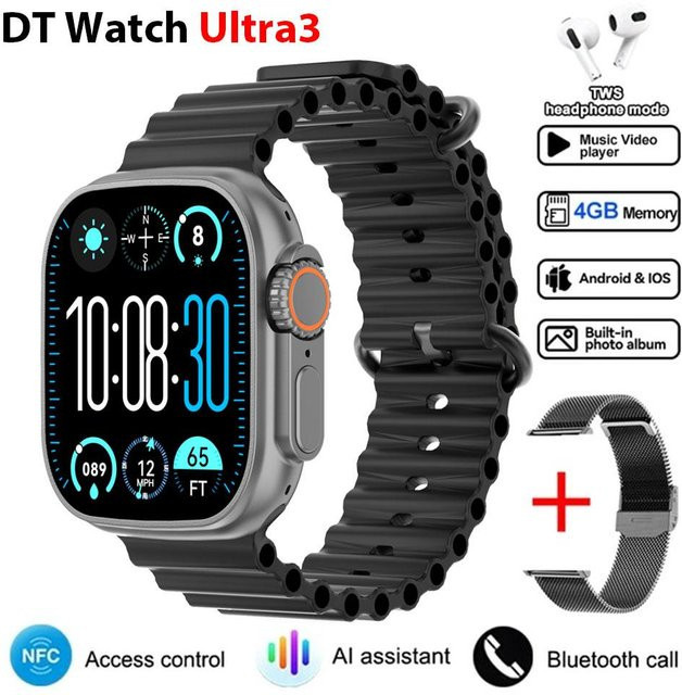 DT Ultra 3 Smartwatch mit Amoled Bildschirm, 4GB Speicher, MP3/MP4 Player, Bluetooth, ChatGPT Smart AI und Mesh Tape Armband in Schwarz - Bild 1