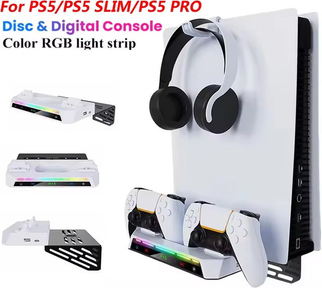 TECTINTER Wandhalterungsset für PS5, PS5 Pro und PS5 Slim mit RGB-Beleuchtung, Dual Controller Ladestation und Headset-Aufhänger, Schwarz - Bild 1