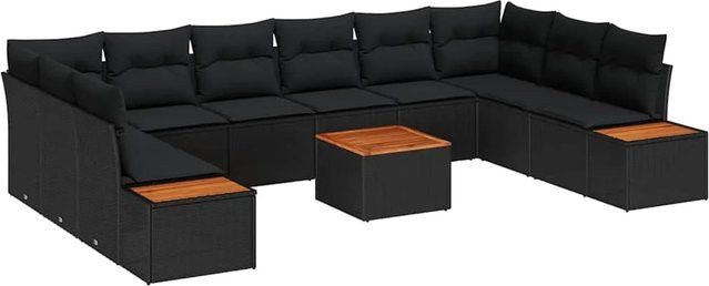 vidaXL Garten-Sofa-Set aus Poly Rattan in Schwarz mit 11-teiligem Set und Kissen in U-Form - Bild 1