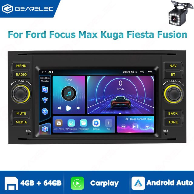 Gearelec Autoradio mit 7 Zoll Display für Ford Focus, Max, Kuga, Fiesta und Fusion, Android 14 Multimedia-Player mit CarPlay, Android Auto, GPS und WLAN in Schwarz, 2-DIN - Bild 1