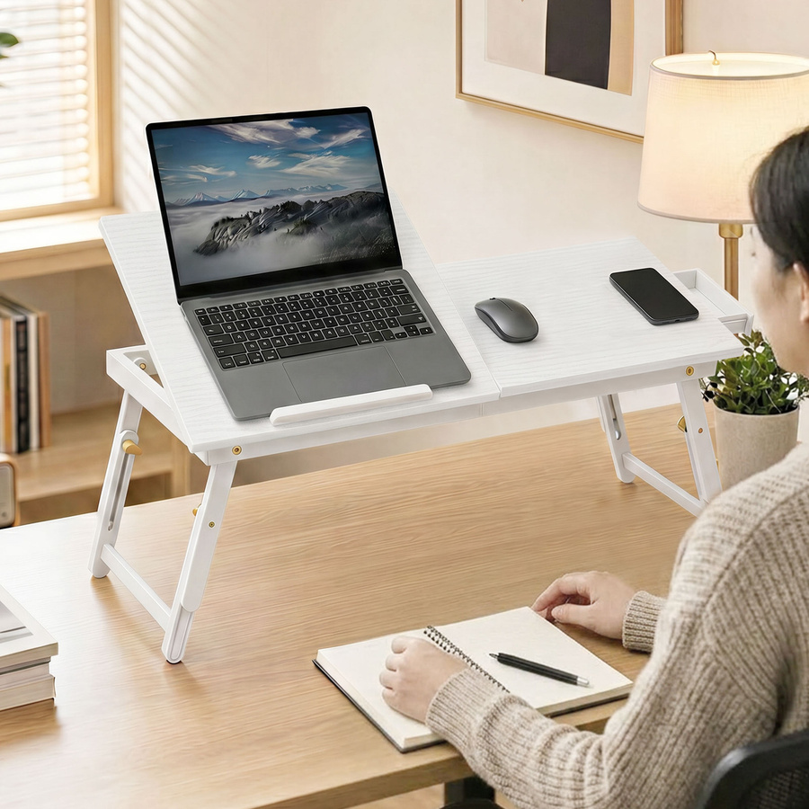 HOMCOM Betttisch aus Bambus in Weiß, klappbarer und höhenverstellbarer Laptop-Tisch mit neigbarer Platte und Schublade, B/T/H: 83,5 x 33 x 23,5-34 cm - Bild 2