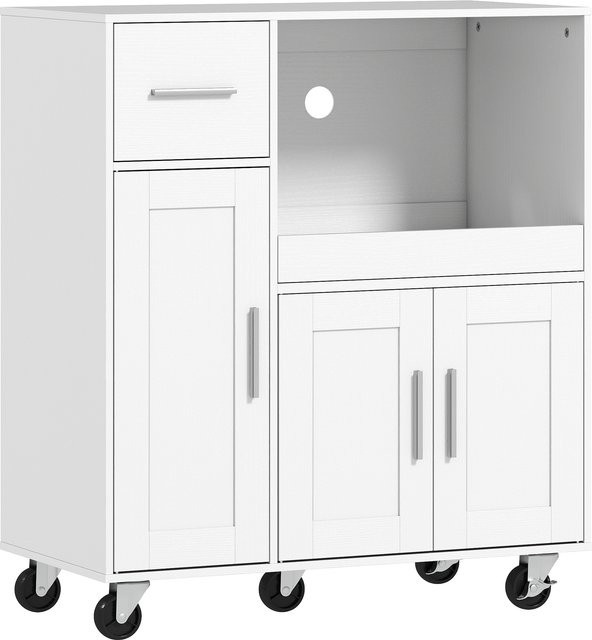 HOMCOM Küchenbeistellschrank auf Rollen in Weiß, Sideboard für Mikrowelle mit ausziehbarer Ablage, Schublade, 3 Türen und Kabeldurchlass, B/T/H: 80 x 40 x 88,7 cm - Bild 1