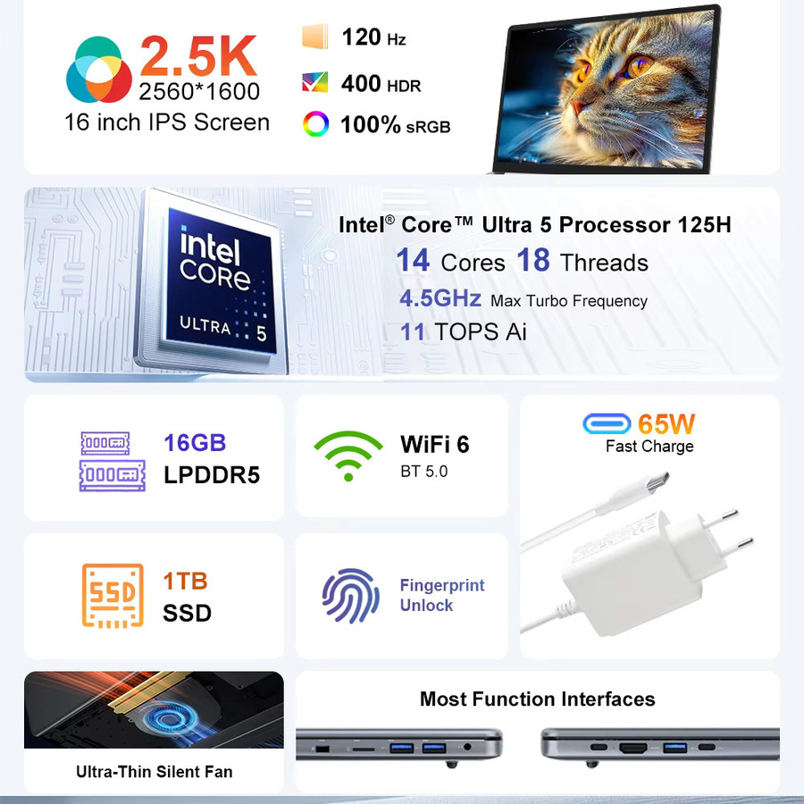 Ninkear Laptop 16 Zoll AI Notebook mit Intel Core Ultra 5 125H, 2.5K 120Hz Display, 16GB DDR4 RAM, 1TB SSD, WiFi 6, Bluetooth 5.2, Hintergrundbeleuchtete Tastatur und Fingerabdrucksensor, Grau - Bild 2