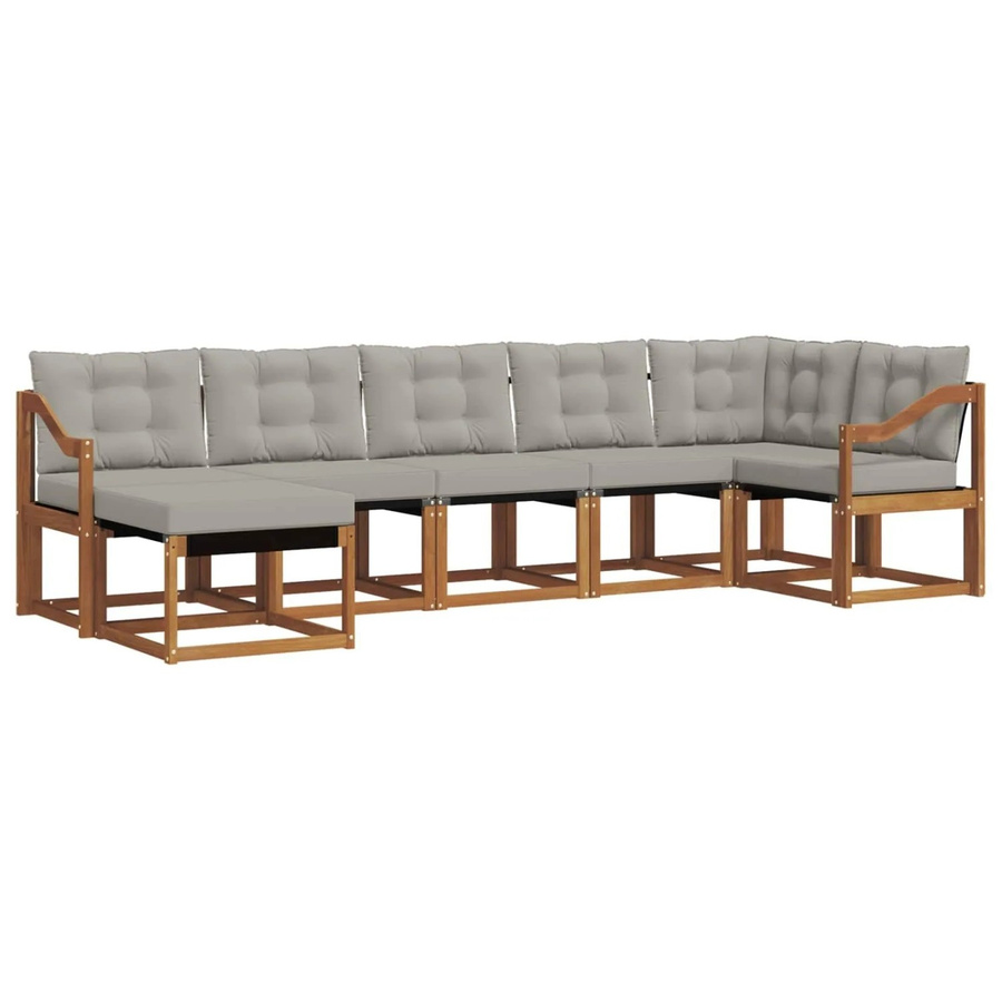 vidaXL Outdoor-Sofagarnitur 7-teilig aus Akazienholz und Textilene in Natur und Hellgrau mit Kissen und Armlehnen - Bild 2