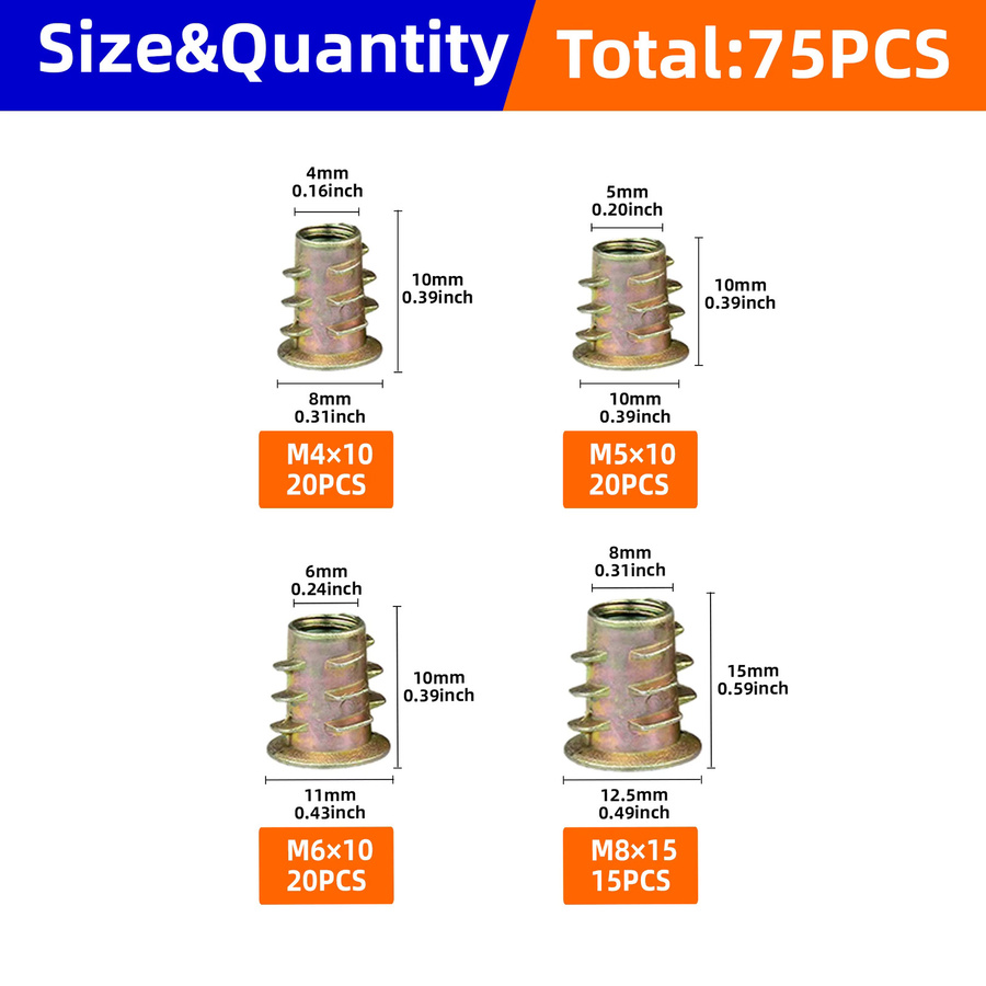 NexSync 75-teiliges Gewindeeinsatzmutter-Set für Holzmöbel mit M4 M5 M6 M8 Sechskant-E-Muttern - Bild 2