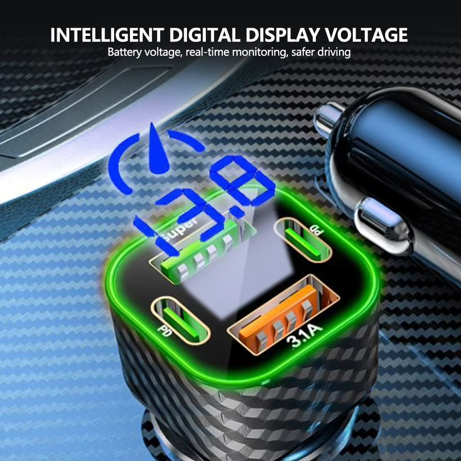 4-in-1 Autotelefon-Ladegerät mit USB-C Dual PD und Spannungsanzeige, 380 W Superschnellladeadapter in Schwarz für iPhone, Xiaomi, Oppo, Vivo und Samsung - Bild 6