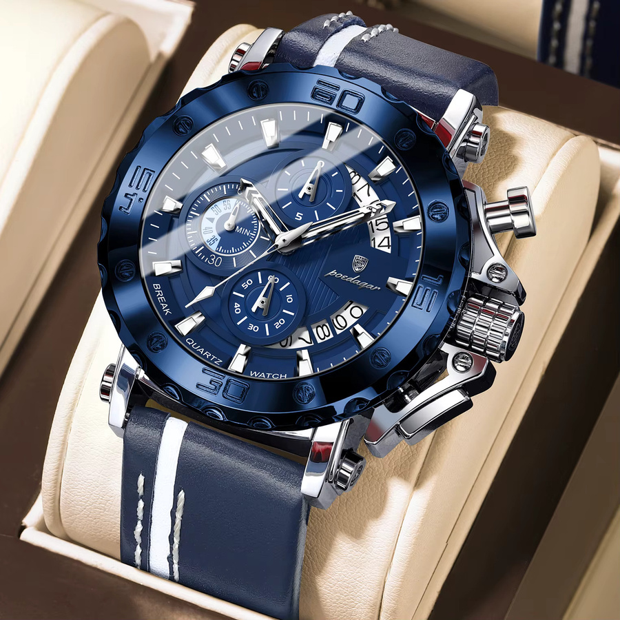 POEDAGAR Chronograph, Quarz, Leder, Blau, Roségold, Herren - Bild 2