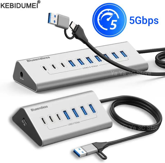 Kebidumei USB 3.0 Hub Dockingstation mit 4/7/10 Ports als USB-A und USB-C Expander aus Aluminium in Silber - Bild 1