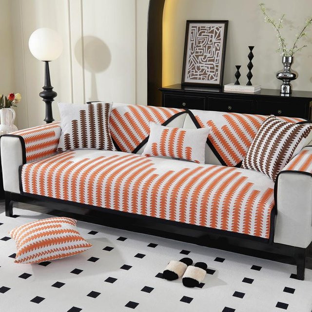 Super Six Chenille Sofakissenbezug in Orange mit Jacquard-Muster, rutschfest und waschbar, B/T: 70 x 70 cm - Bild 1