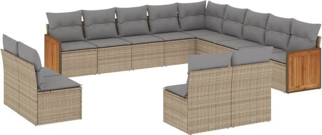 vidaXL 13-teilige Garten-Sofagarnitur in L-Form aus Polyrattan und Akazienholz mit Kissen in Beige - Bild 1