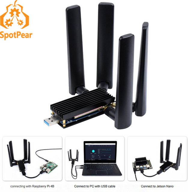 Spotpear 5G Dongle Erweiterungsplatine für Raspberry Pi mit USB 3.1 auf M.2 Key B Port, Aluminiumgehäuse und vier Antennen, Schwarz - Bild 1