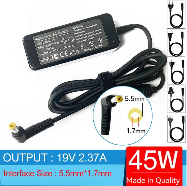 Acer Laptop AC Adapter Ladegerät in Schwarz, 19 V 2,37 A für Acer Aspire 3 A314-21 A315-42 A315-51 A315-31 A315-21G A315-21 A315-33 A315-41 A315-54 - Bild 1