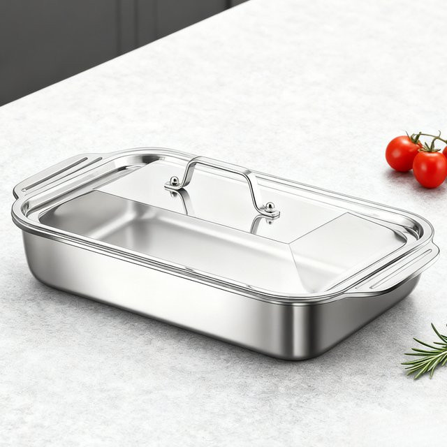 FEB.WIND Grilltablett aus Edelstahl mit Deckel und Doppelohren, rechteckige Fischbackform in Silber - Bild 1