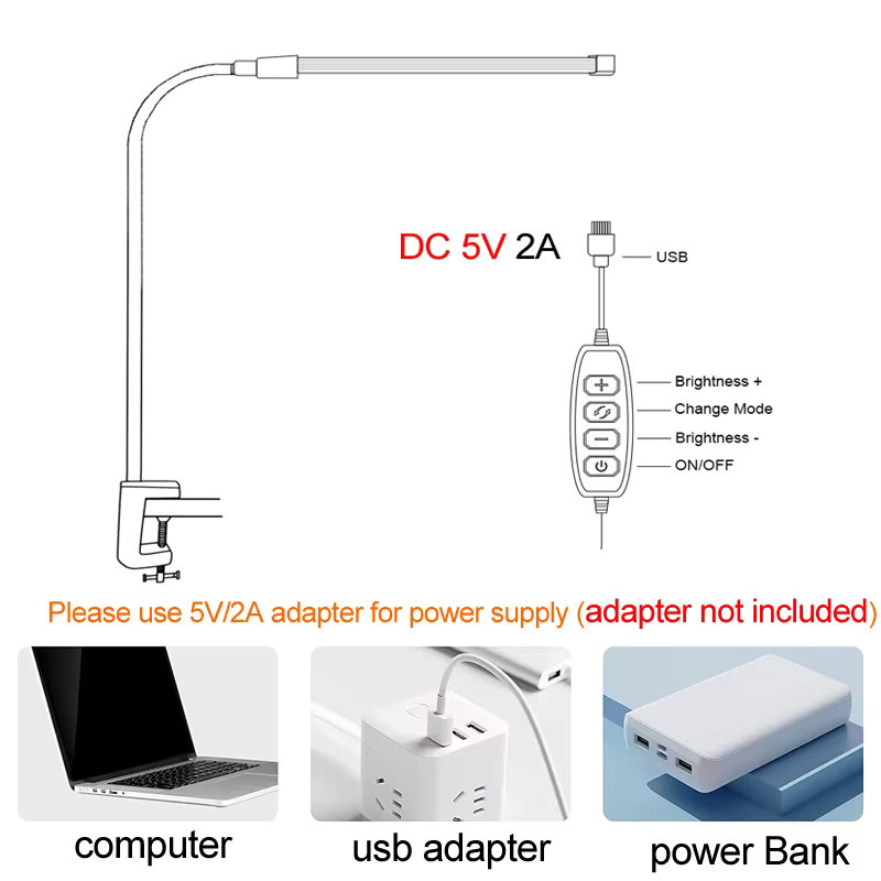 DOUWENXI USB-Clip-LED-Schreibtischlampe in Schwarz mit 3 Modi und 10 Helligkeitsstufen, verstellbarer Schwanenhals für Büro, Schlafzimmer und zum Lesen - Bild 2