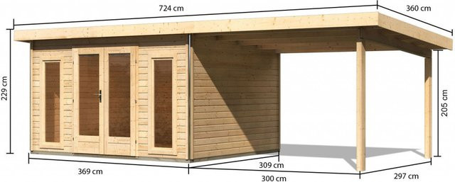 Gartenhaus aus Holz RADEBURG 2 in Naturbelassen mit Anbaudach, B: 369 cm, T: 309 cm - Bild 1