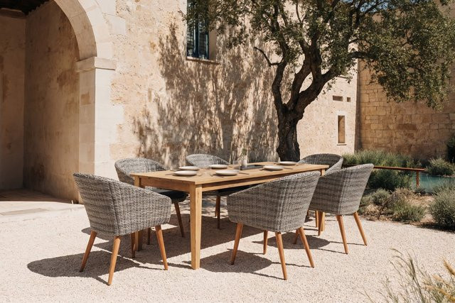OUTFLEXX Borneo/Kota Garten-Essgruppe aus Akazie, Alu und Polyrattan in Natur/Grau-meliert mit Tisch und 6 Cocktailsesseln, B/T/H: 220 x 100 x 74 cm - Bild 1
