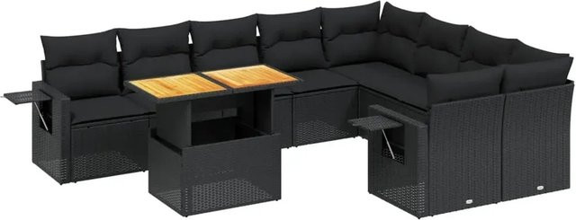 vidaXL 10-tlg. Garten-Sofagarnitur in L-Form aus Polyrattan und Akazienholz mit Kissen, Schwarz - Bild 1