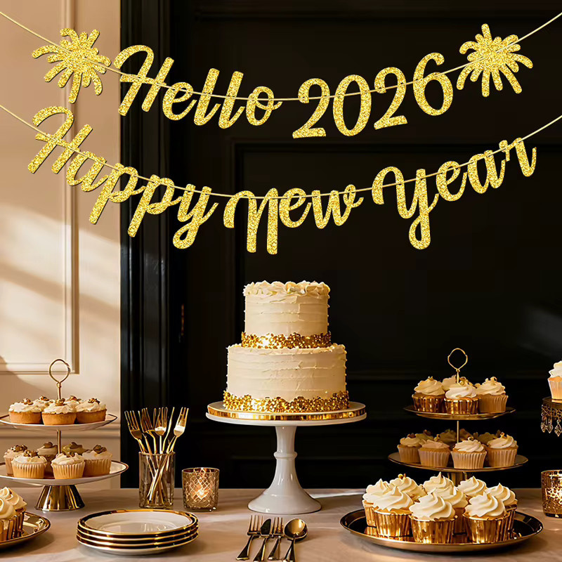 YOMDID Glitzer-Banner Hallo 2026 für deine Silvesterparty in Schwarz und Gold - Bild 2