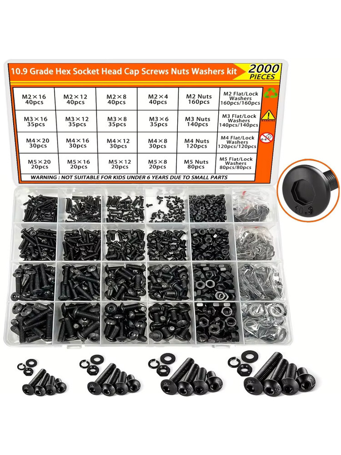 BOVILEVR 2000-teiliges Sechskant-Halbrundkopfschrauben-Set mit Muttern und Unterlegscheiben aus legiertem Stahl, metrische Bolzen M2-M5 in Aufbewahrungsbox - Bild 5